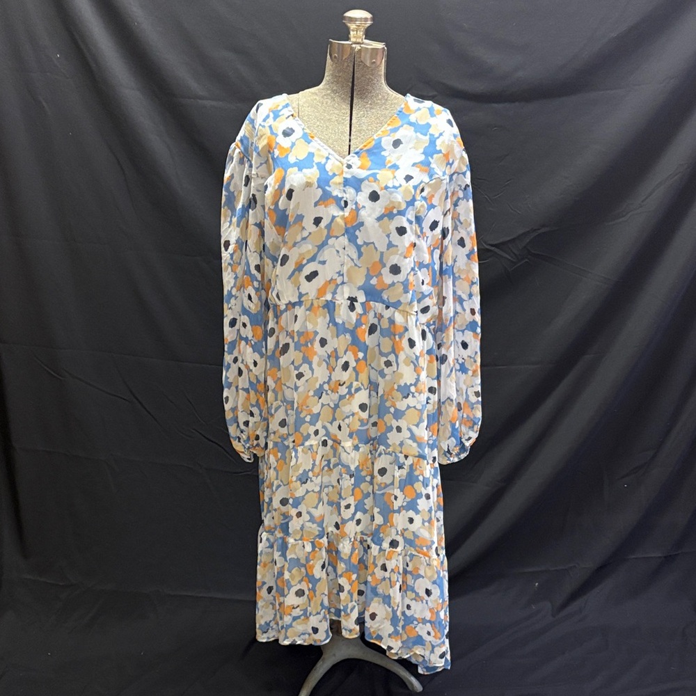Joie White and Light Blue Floral V-Neck Tiered Midi Dress